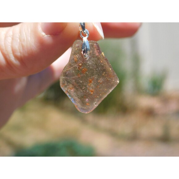 Gold Flecked Epoxy Resin Silver Mica Chip Pendant 18 in Sterling Silver Chain - Picture 3 of 10